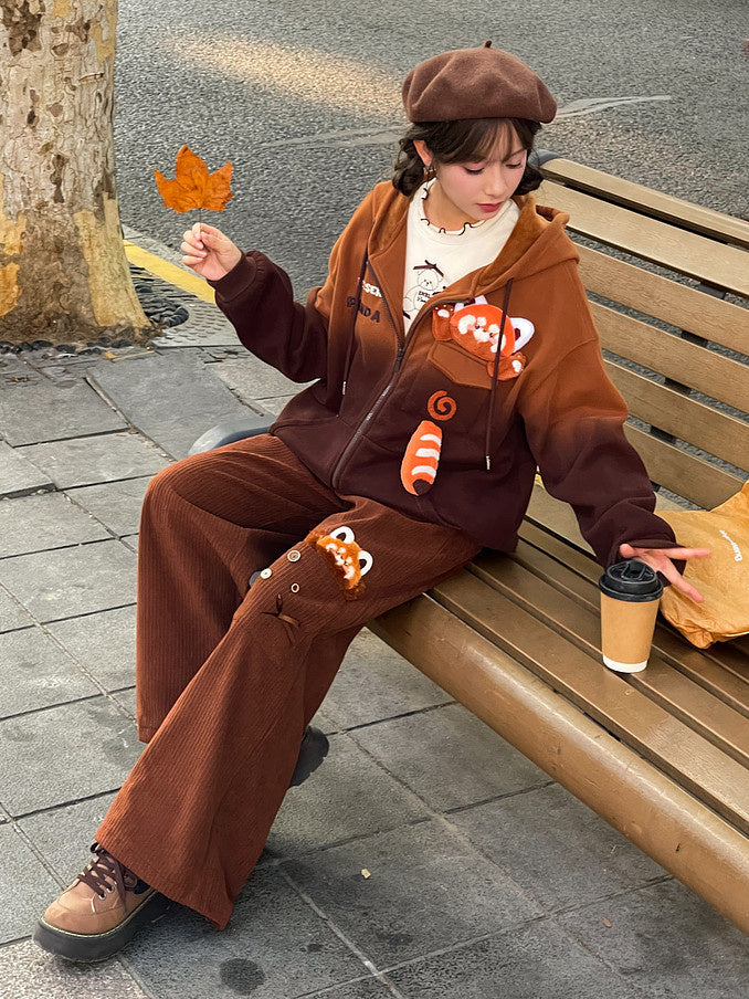 Red Panda Appliqué Wide Leg Pants
