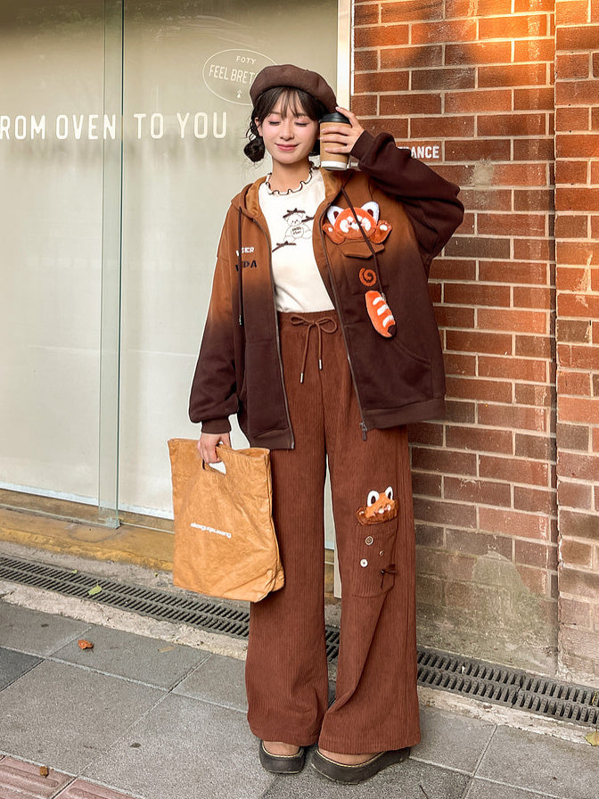 Red Panda Appliqué Wide Leg Pants