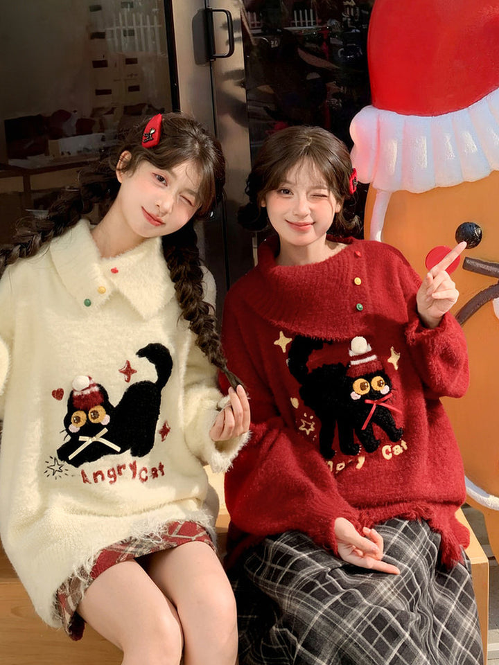 Playful Cat Embroidered Distressed Sweater