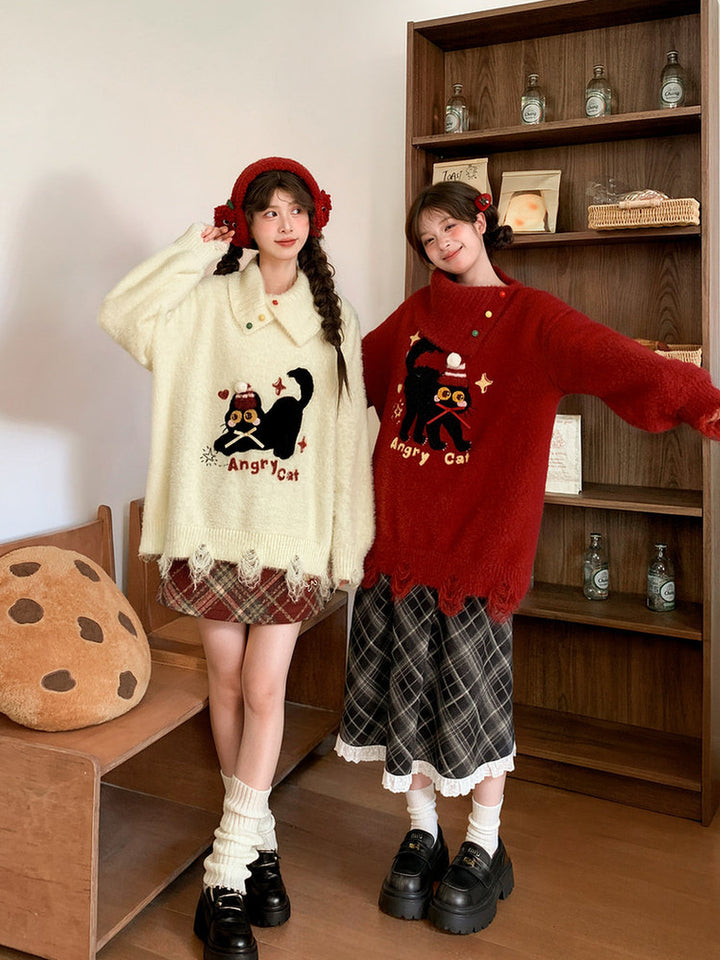 Playful Cat Embroidered Distressed Sweater