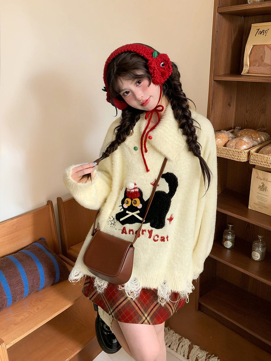 Playful Cat Embroidered Distressed Sweater