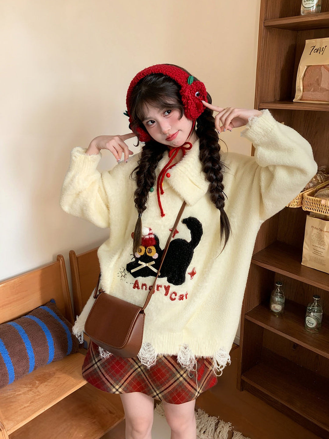 Playful Cat Embroidered Distressed Sweater