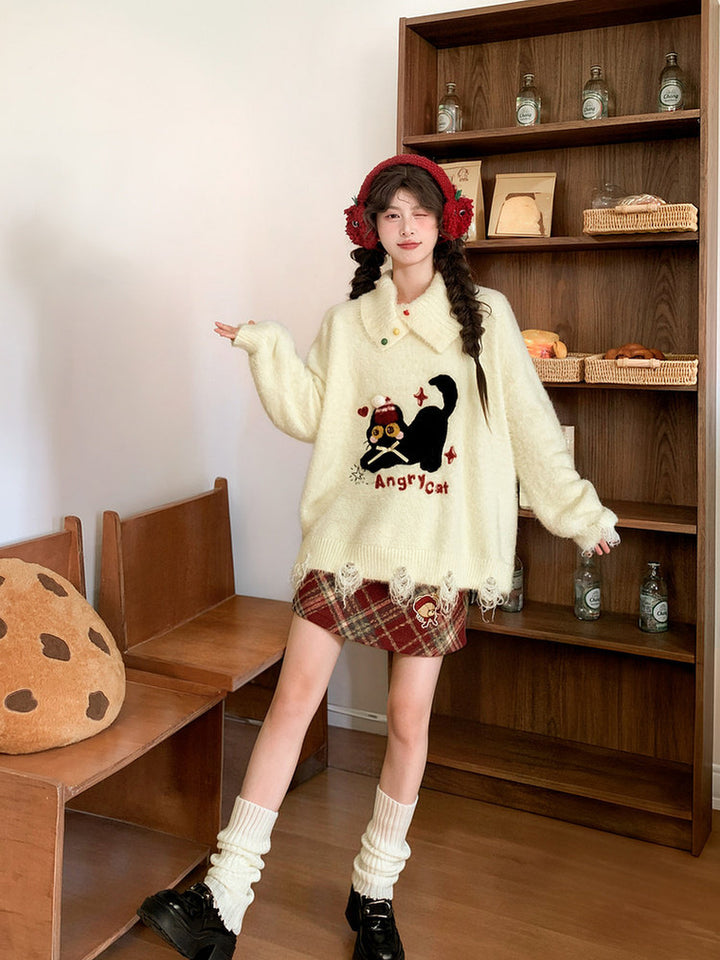 Playful Cat Embroidered Distressed Sweater