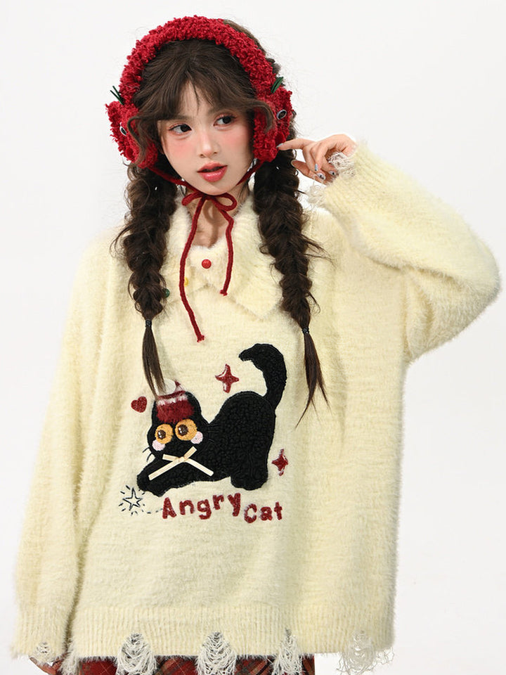 Playful Cat Embroidered Distressed Sweater