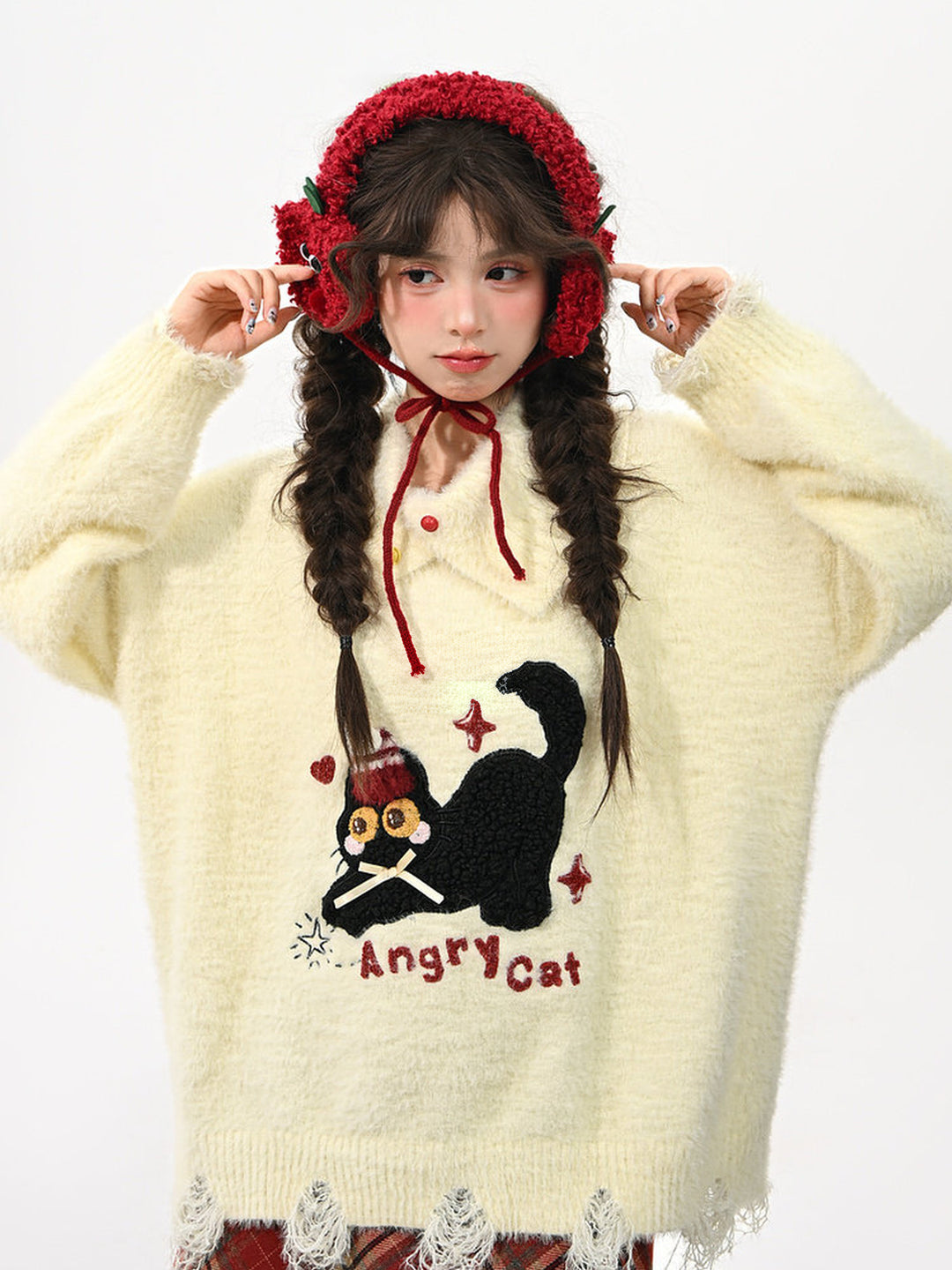 Playful Cat Embroidered Distressed Sweater