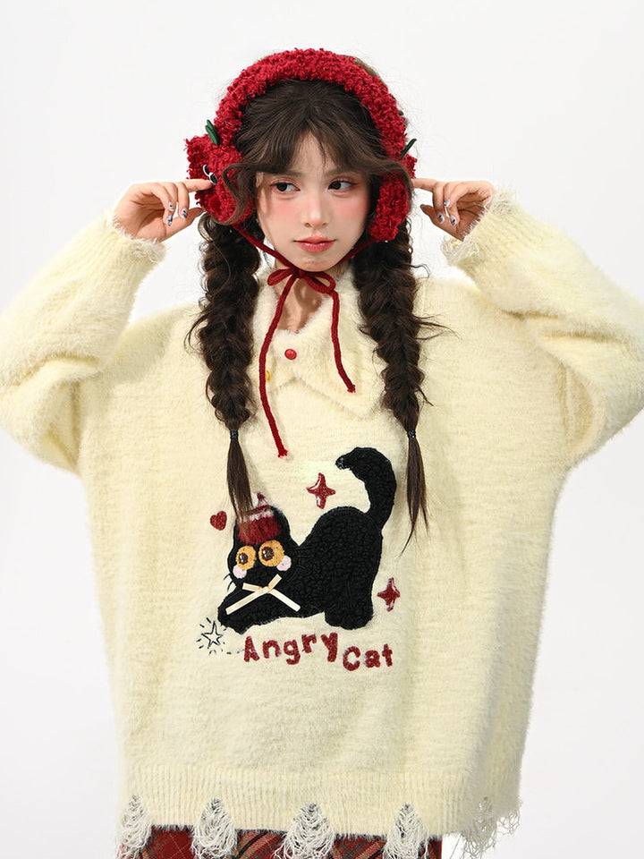 Playful Cat Embroidered Distressed Sweater