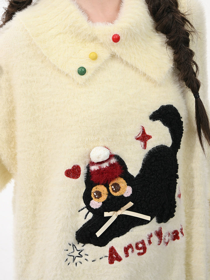 Playful Cat Embroidered Distressed Sweater