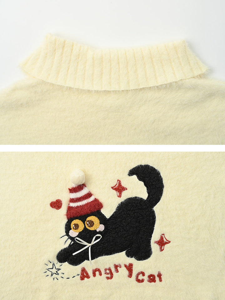 Playful Cat Embroidered Distressed Sweater