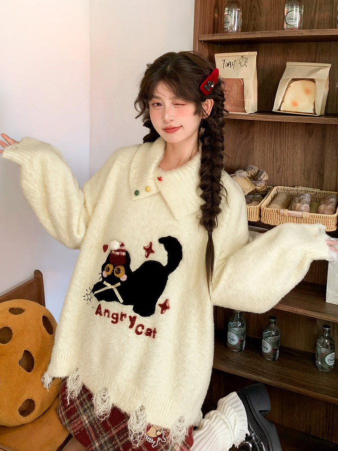 Playful Cat Embroidered Distressed Sweater