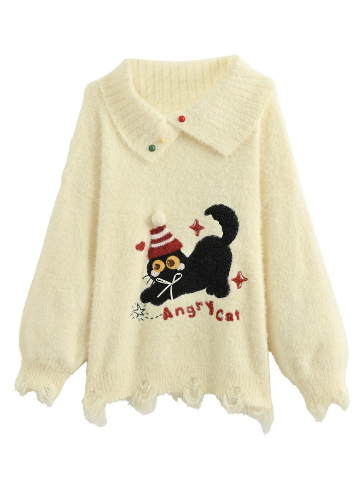 Playful Cat Embroidered Distressed Sweater