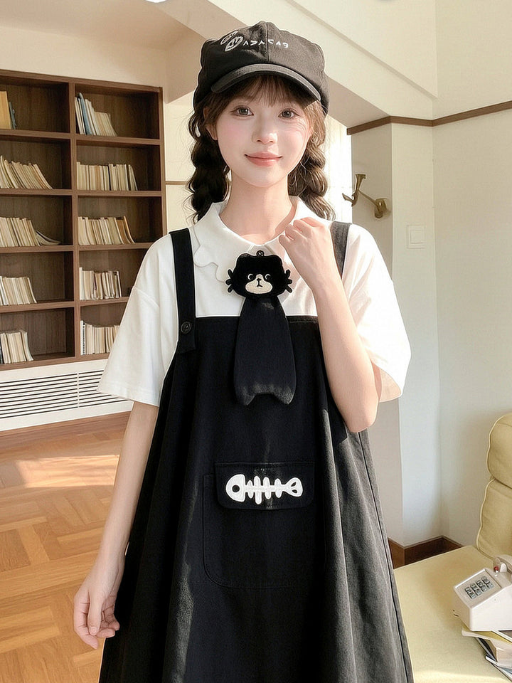 Kawaii Fishbone Pocket Pinafore Dress