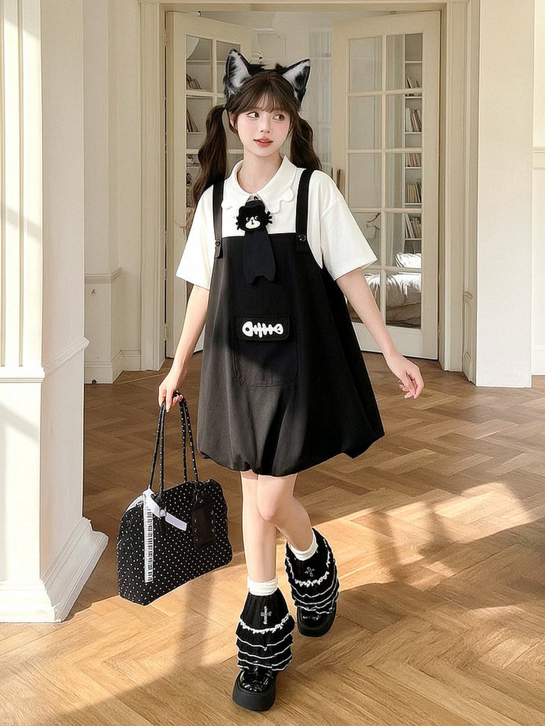 Kawaii Fishbone Pocket Pinafore Dress