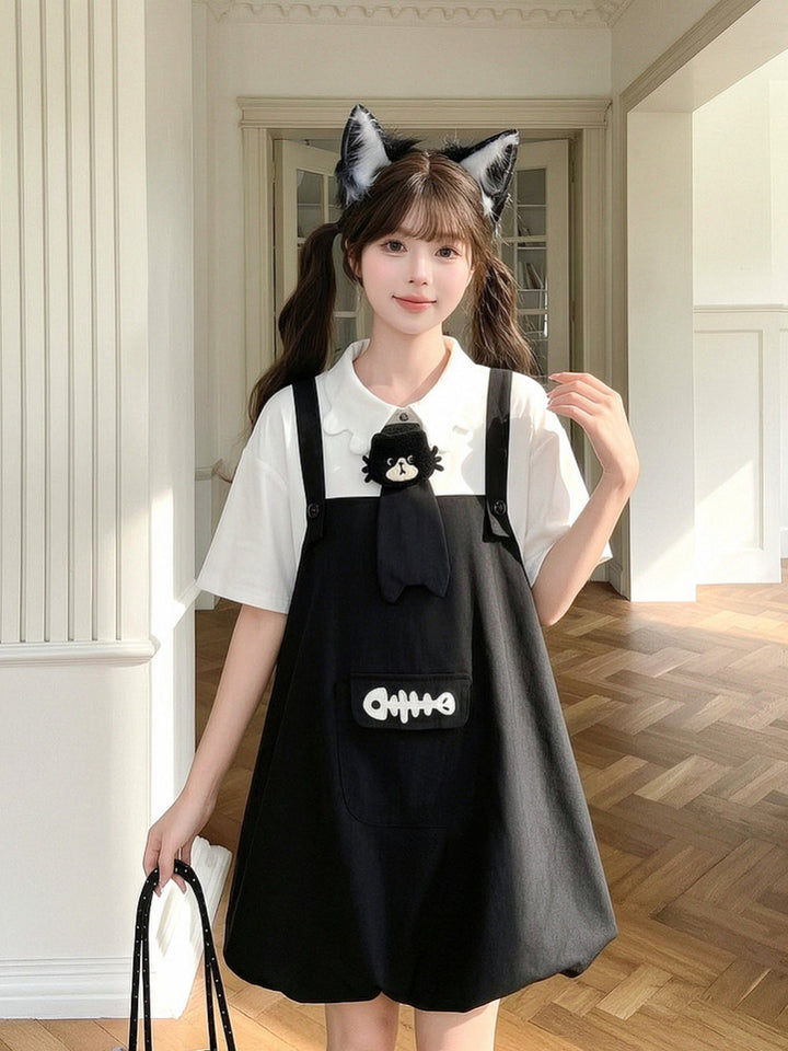 Kawaii Fishbone Pocket Pinafore Dress