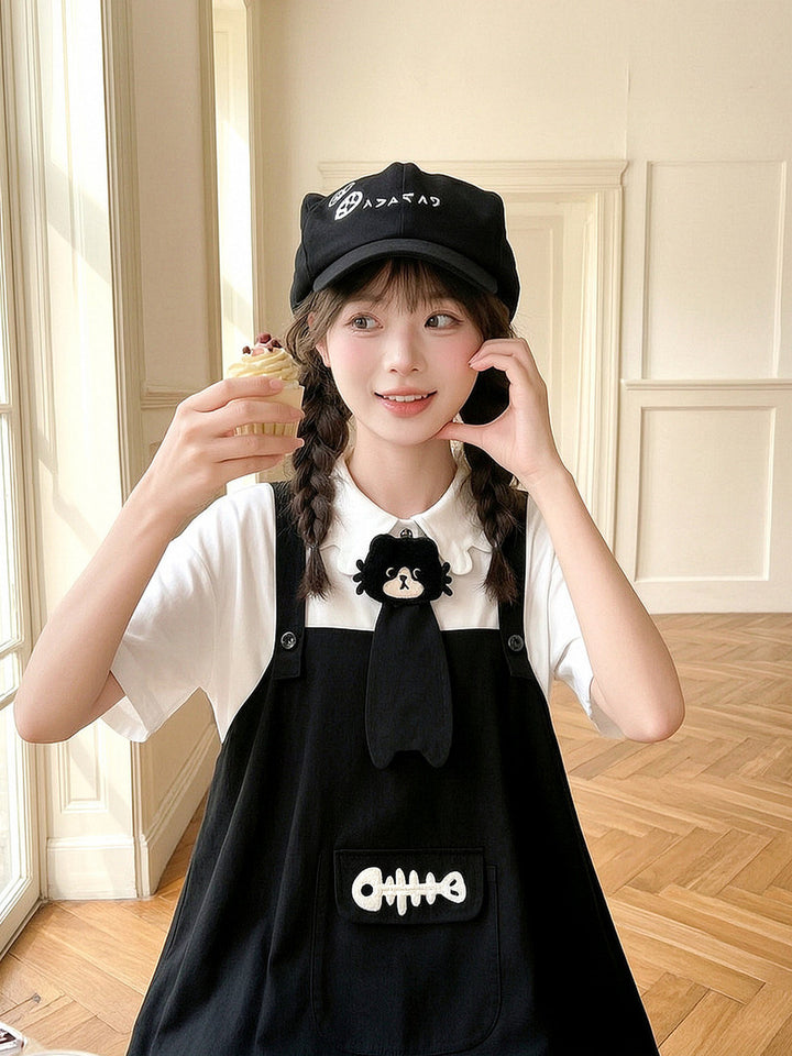 Kawaii Fishbone Pocket Pinafore Dress
