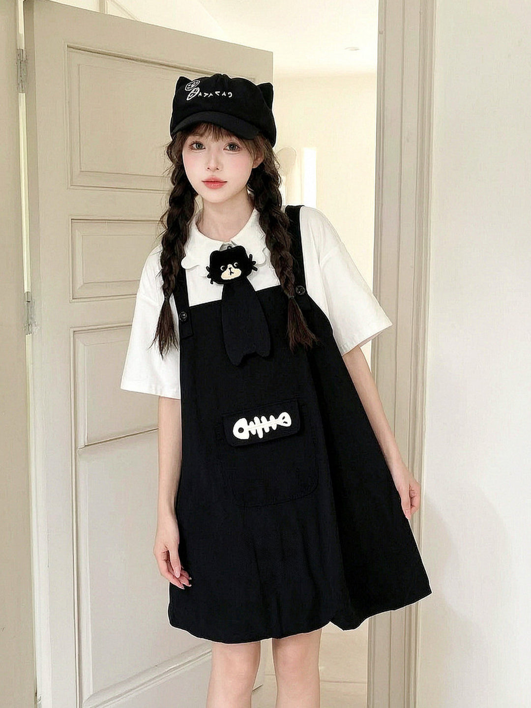 Kawaii Fishbone Pocket Pinafore Dress