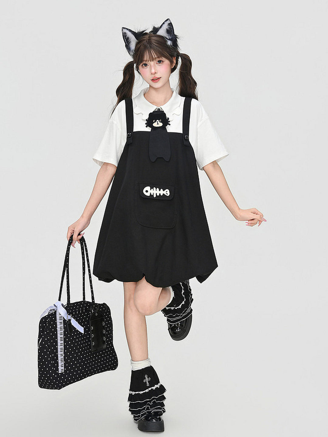 Kawaii Fishbone Pocket Pinafore Dress