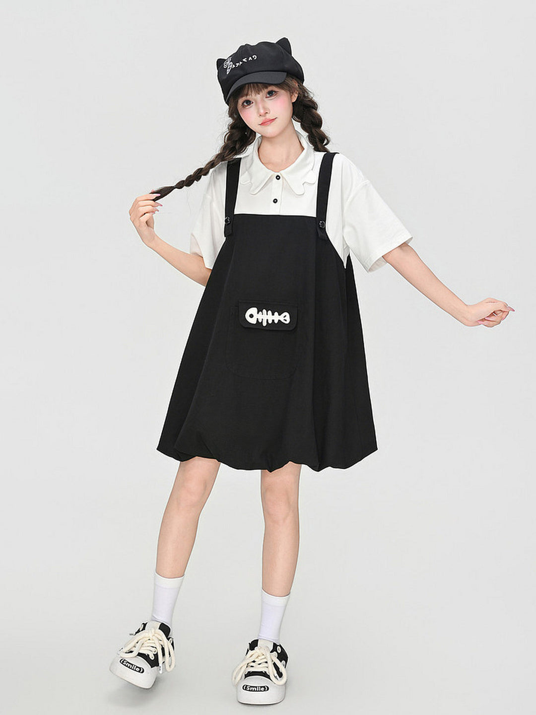 Kawaii Fishbone Pocket Pinafore Dress