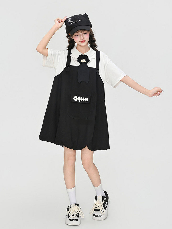 Kawaii Fishbone Pocket Pinafore Dress