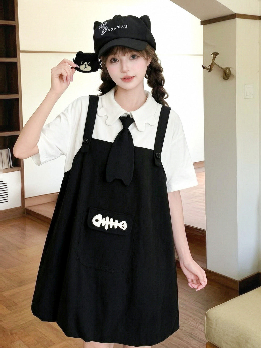 Kawaii Fishbone Pocket Pinafore Dress