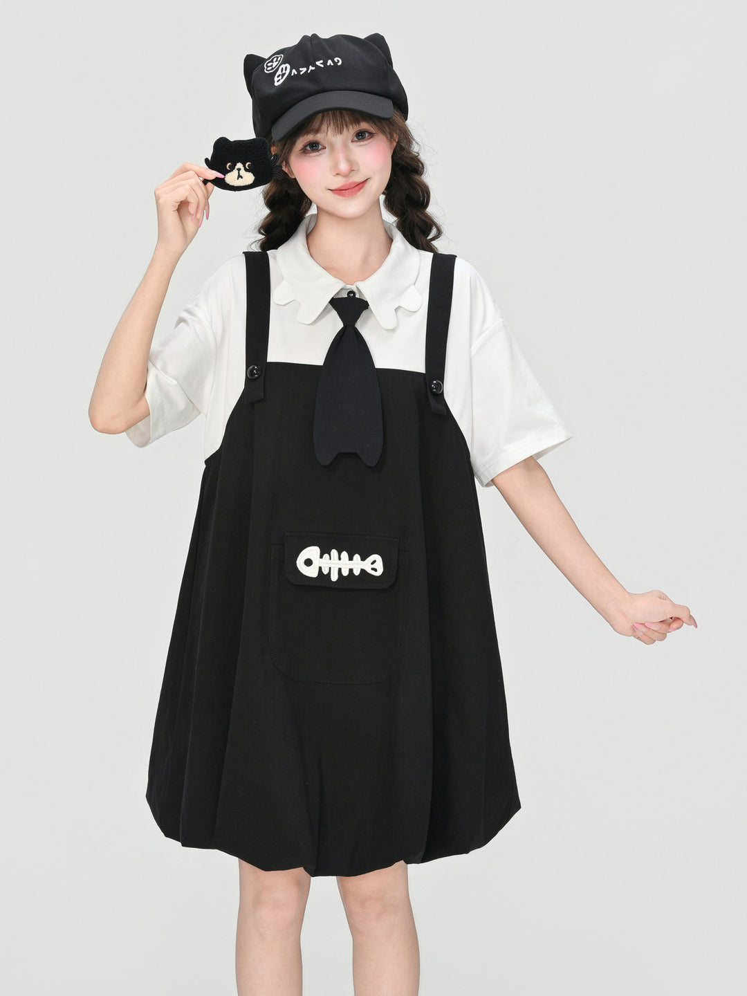 Kawaii Fishbone Pocket Pinafore Dress