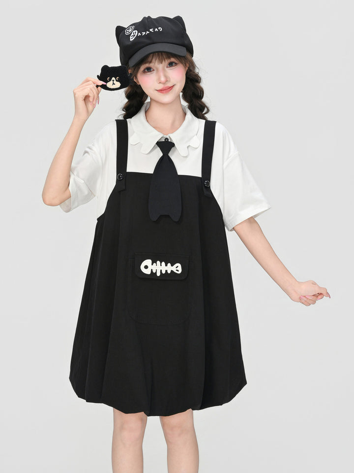 Kawaii Fishbone Pocket Pinafore Dress