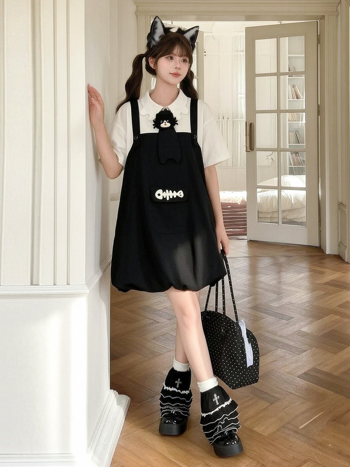 Kawaii Fishbone Pocket Pinafore Dress