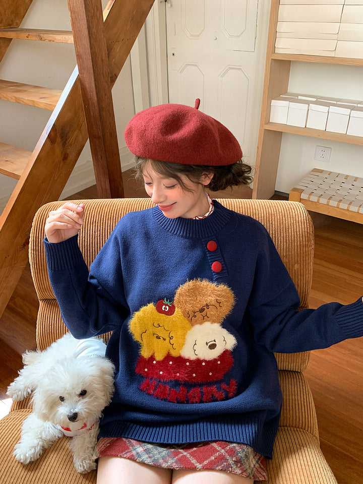 Kawaii Fuzzy Animal Appliqué Sweater
