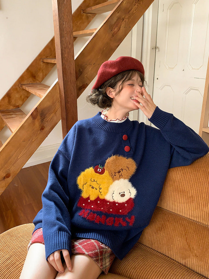Kawaii Fuzzy Animal Appliqué Sweater