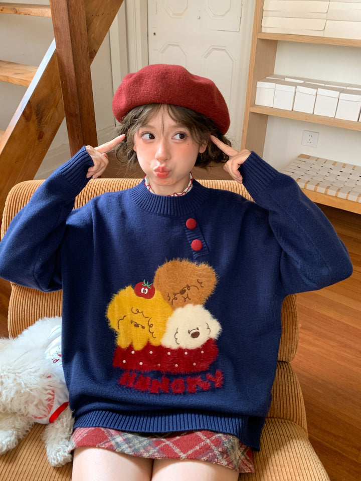 Kawaii Fuzzy Animal Appliqué Sweater