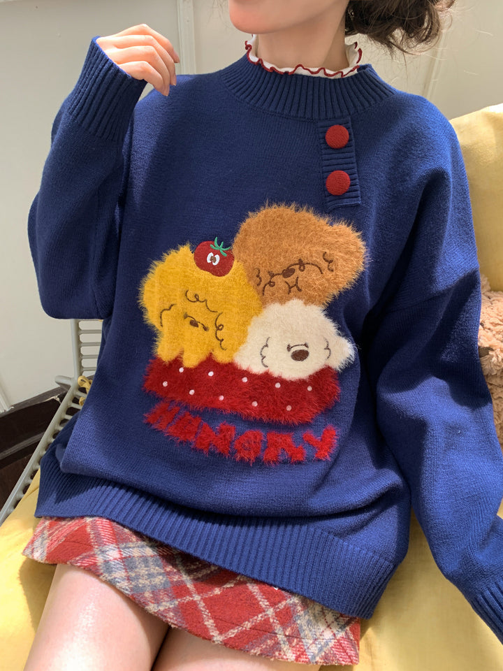 Kawaii Fuzzy Animal Appliqué Sweater