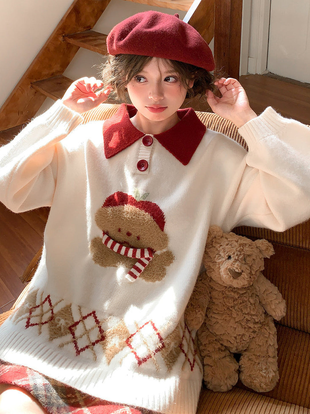 Dog Appliqué Contrast-Collar Sweater