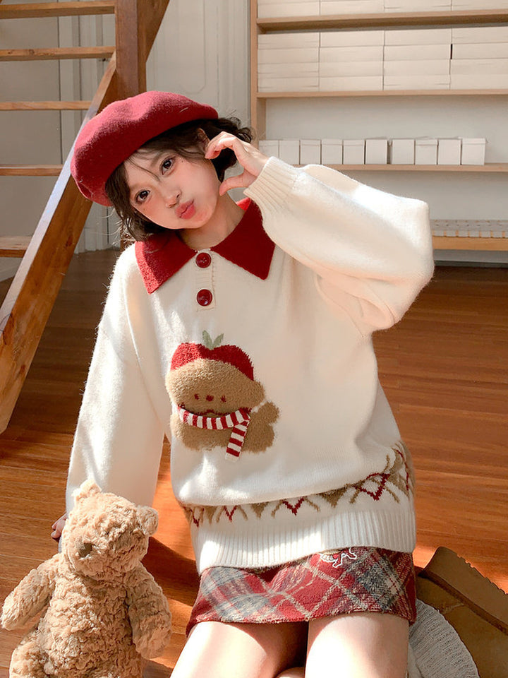 Dog Appliqué Contrast-Collar Sweater