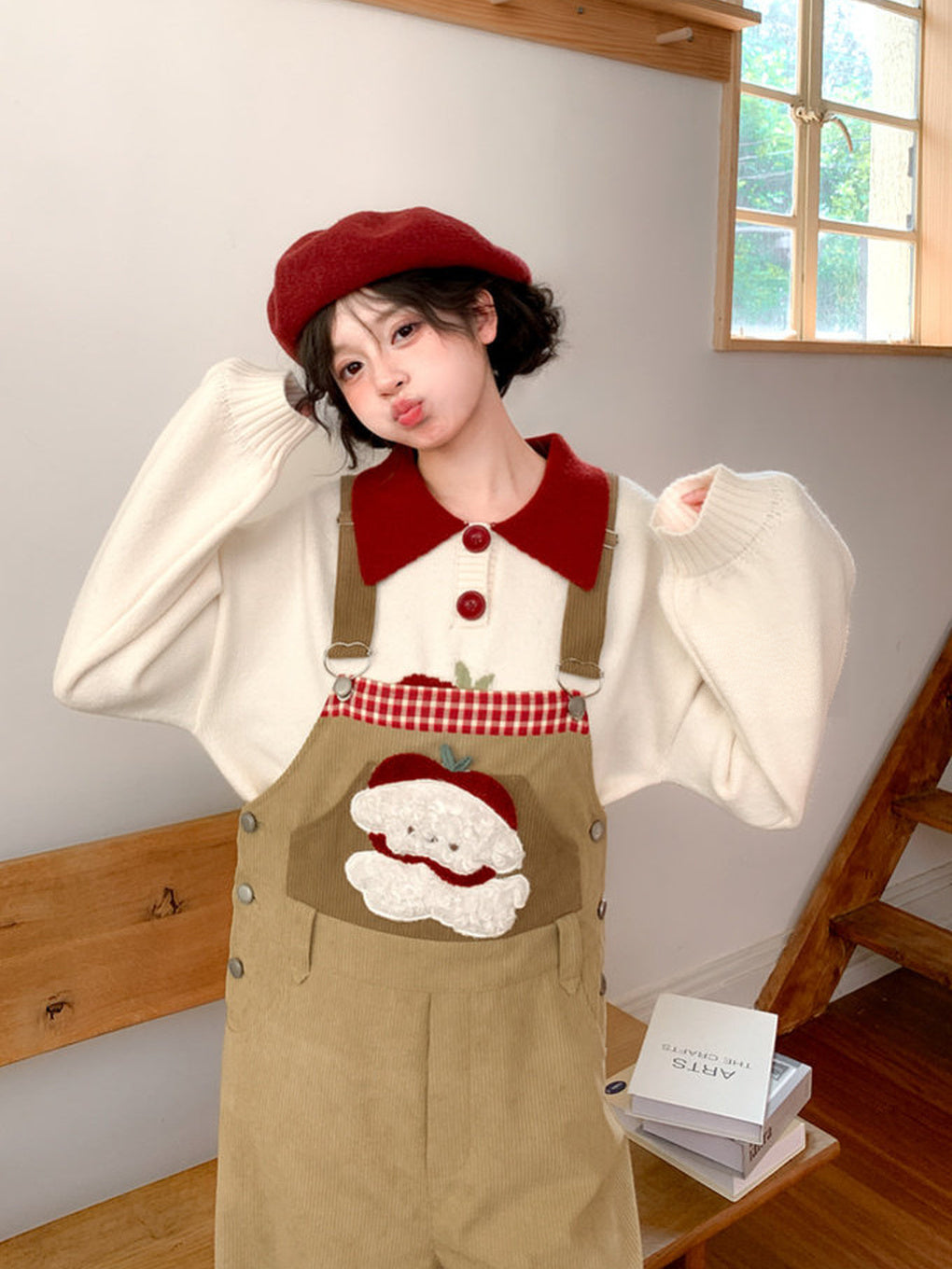 Dog Appliqué Contrast-Collar Sweater