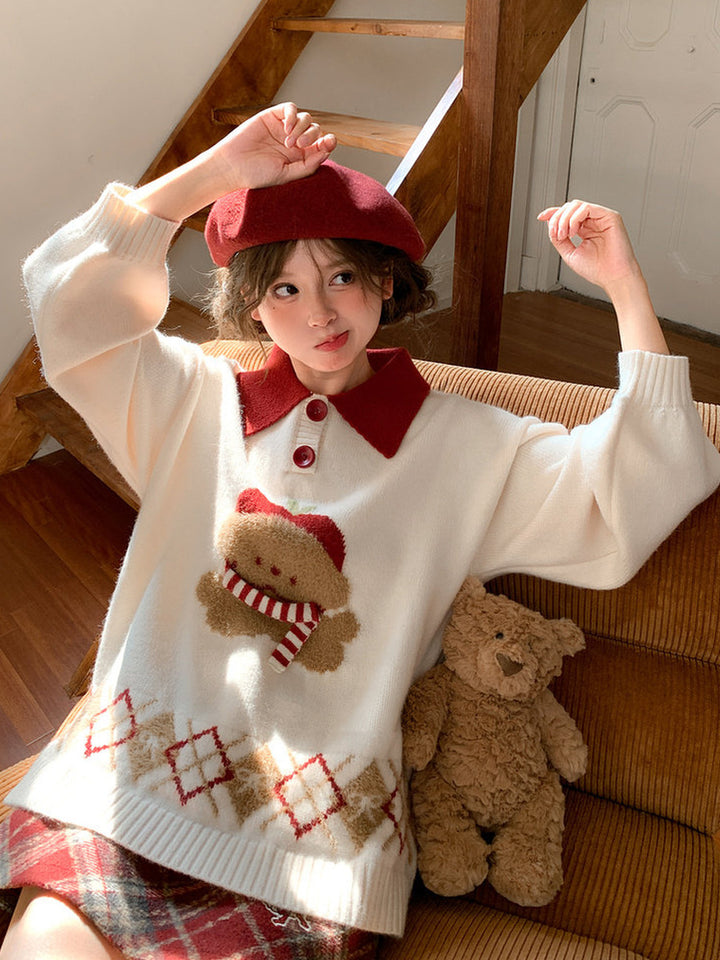 Dog Appliqué Contrast-Collar Sweater
