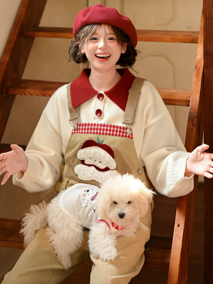 Dog Appliqué Contrast-Collar Sweater