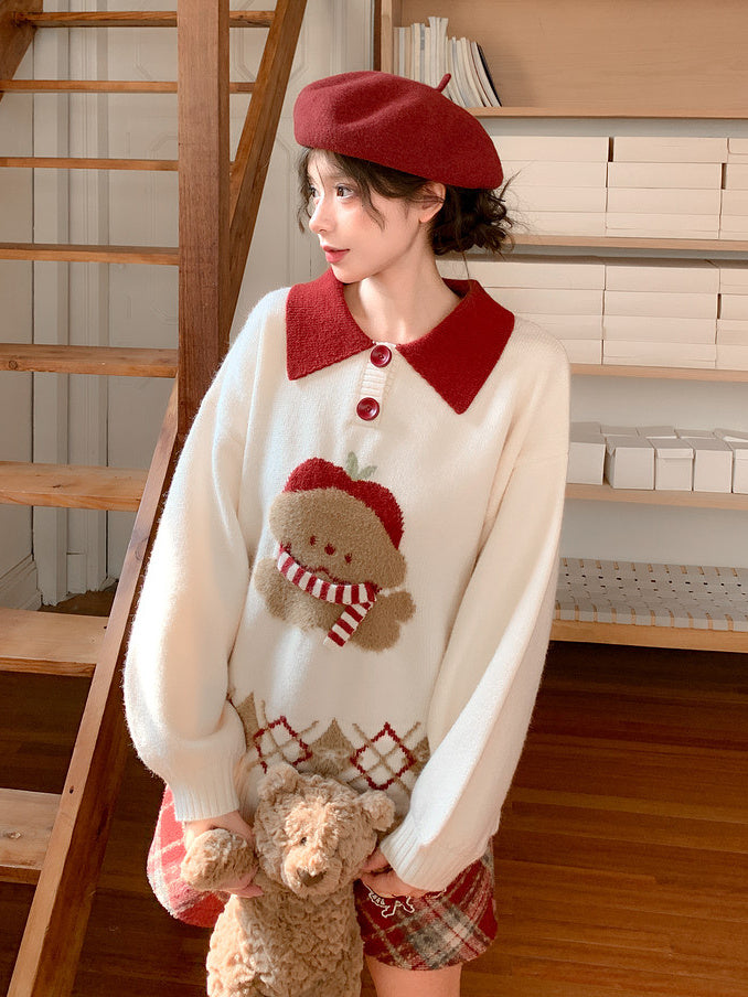Dog Appliqué Contrast-Collar Sweater