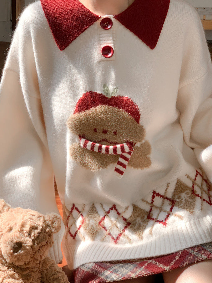 Dog Appliqué Contrast-Collar Sweater