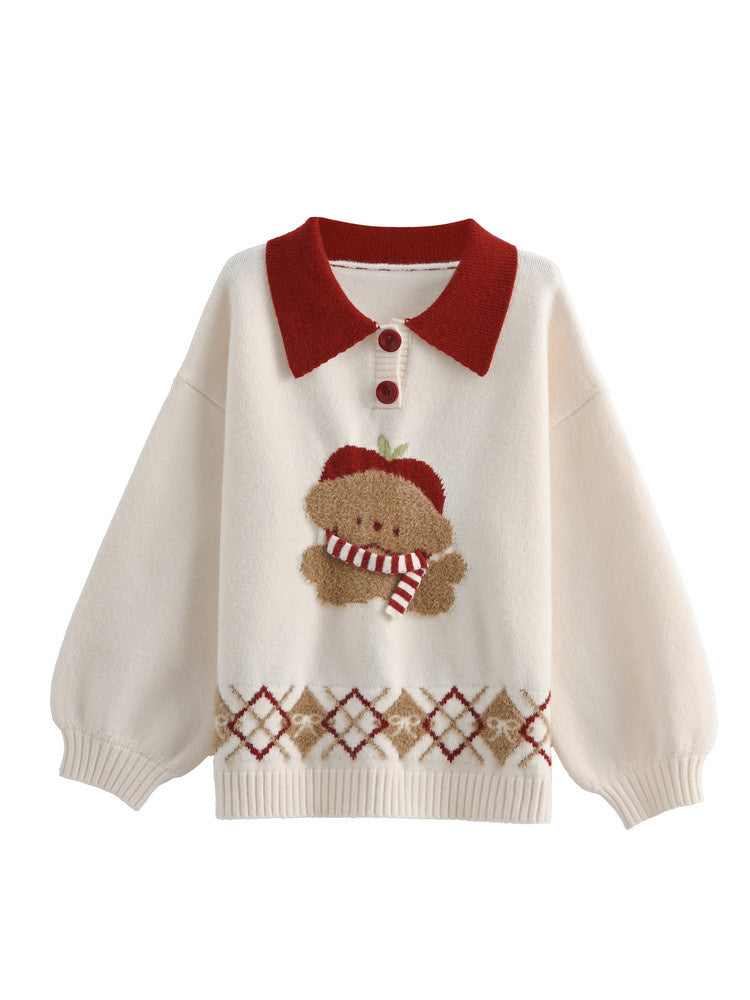 Dog Appliqué Contrast-Collar Sweater