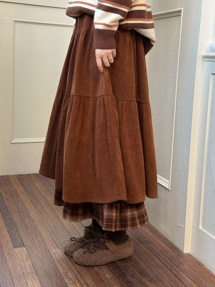 Corduroy Plaid-Hem Maxi Skirt