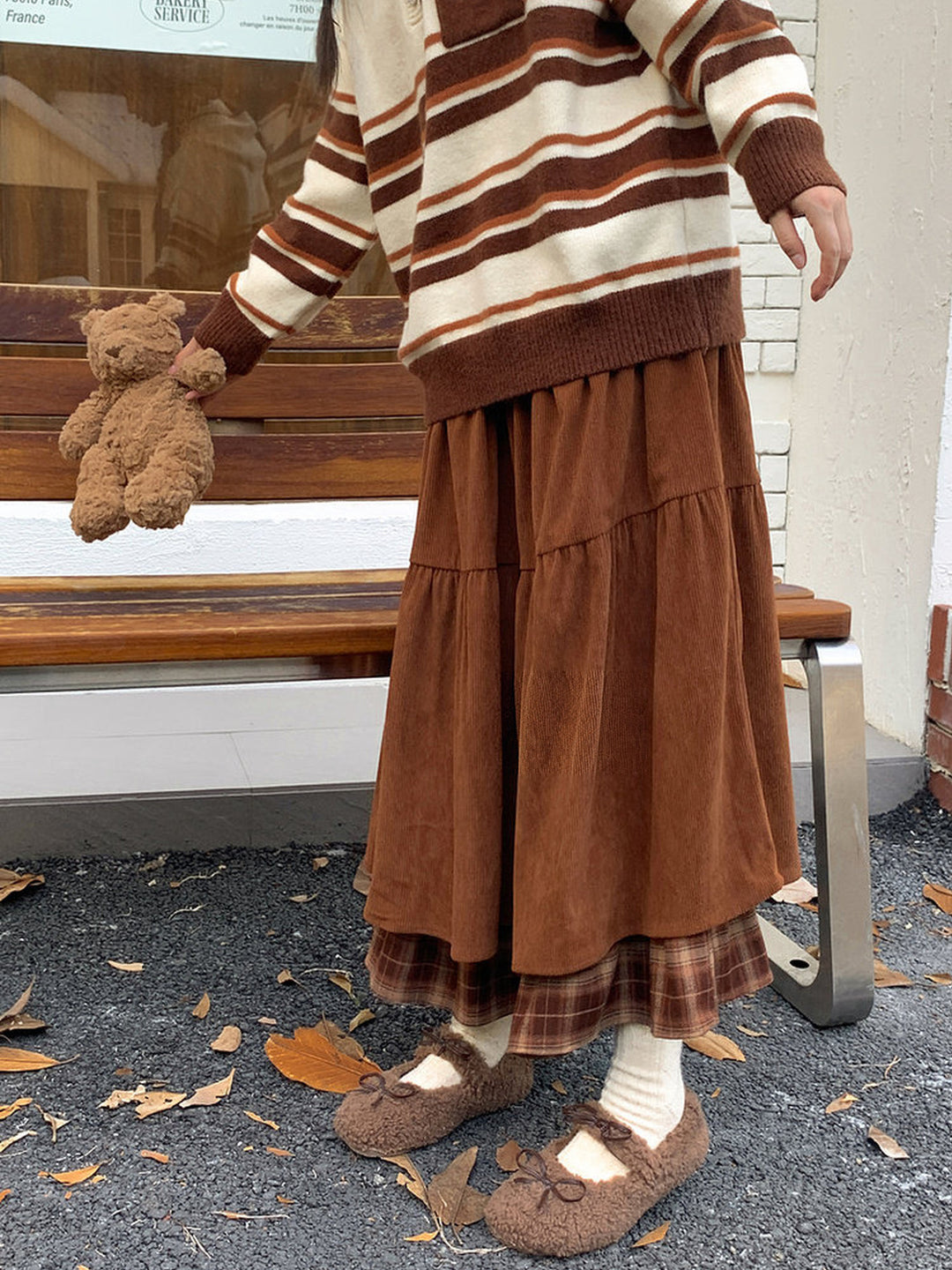 Corduroy Plaid-Hem Maxi Skirt
