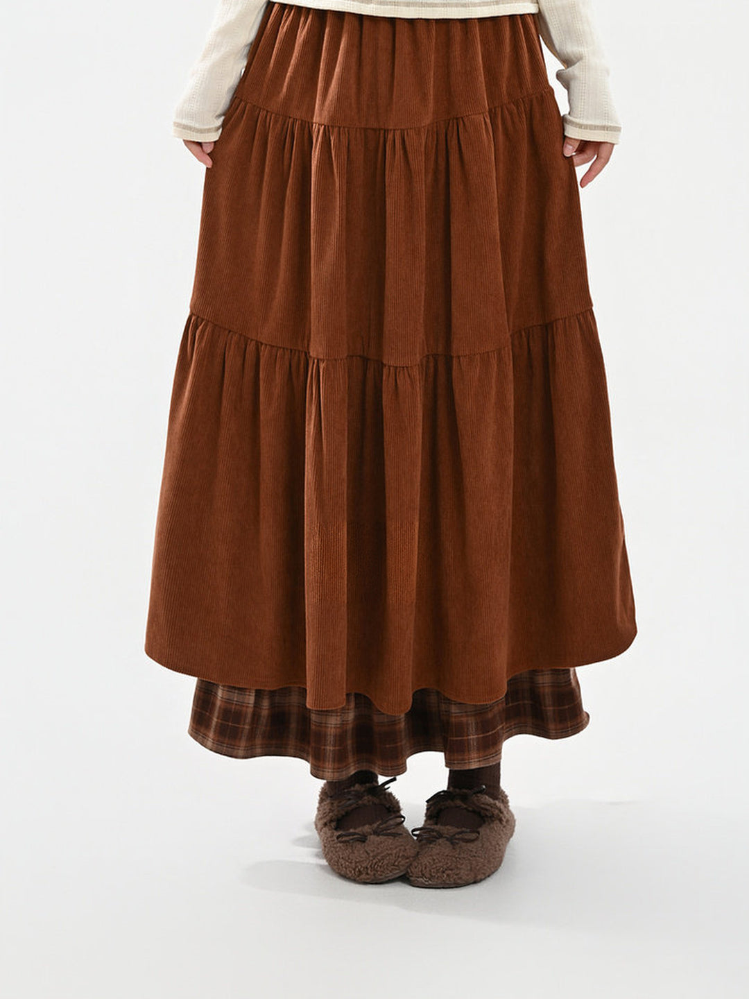 Corduroy Plaid-Hem Maxi Skirt