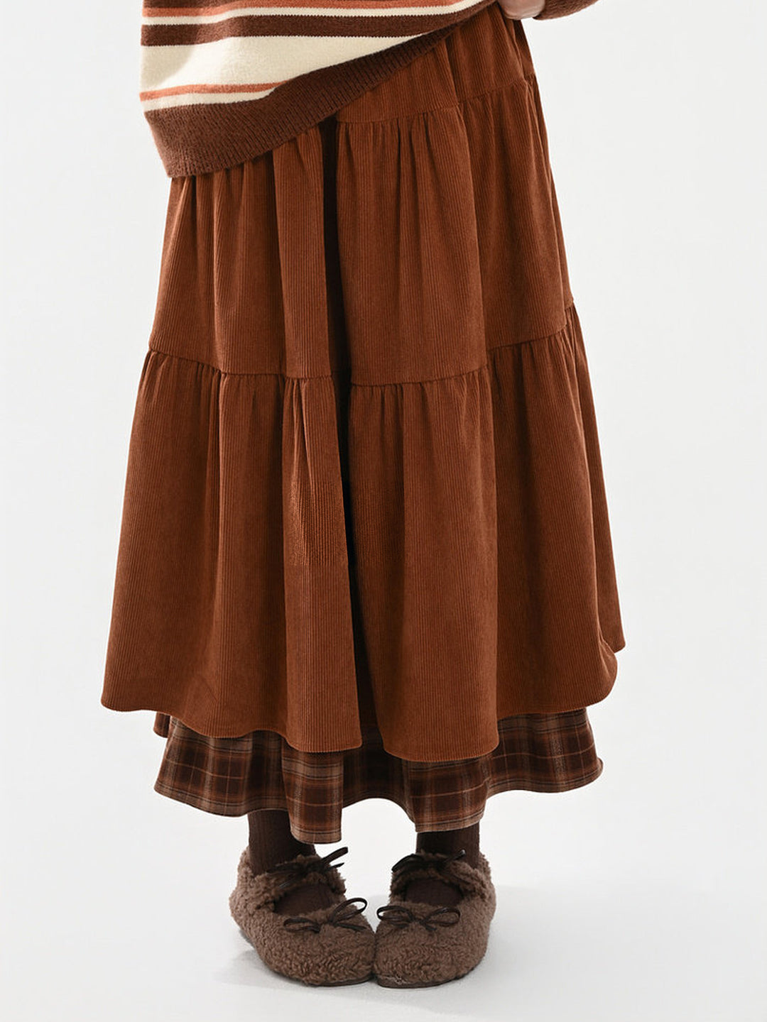 Corduroy Plaid-Hem Maxi Skirt