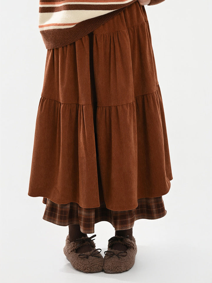 Corduroy Plaid-Hem Maxi Skirt