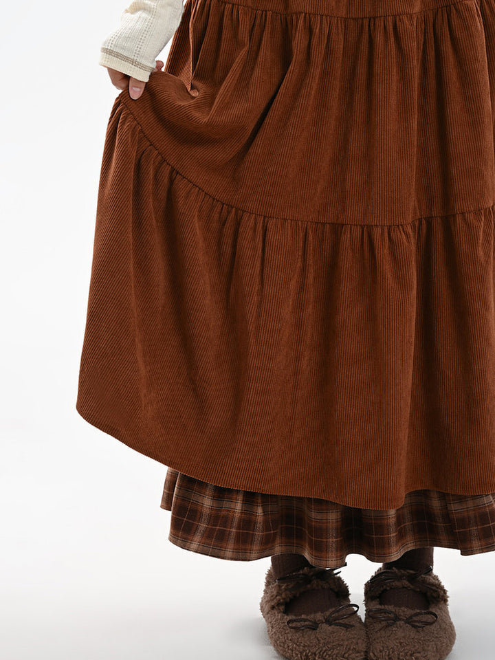 Corduroy Plaid-Hem Maxi Skirt