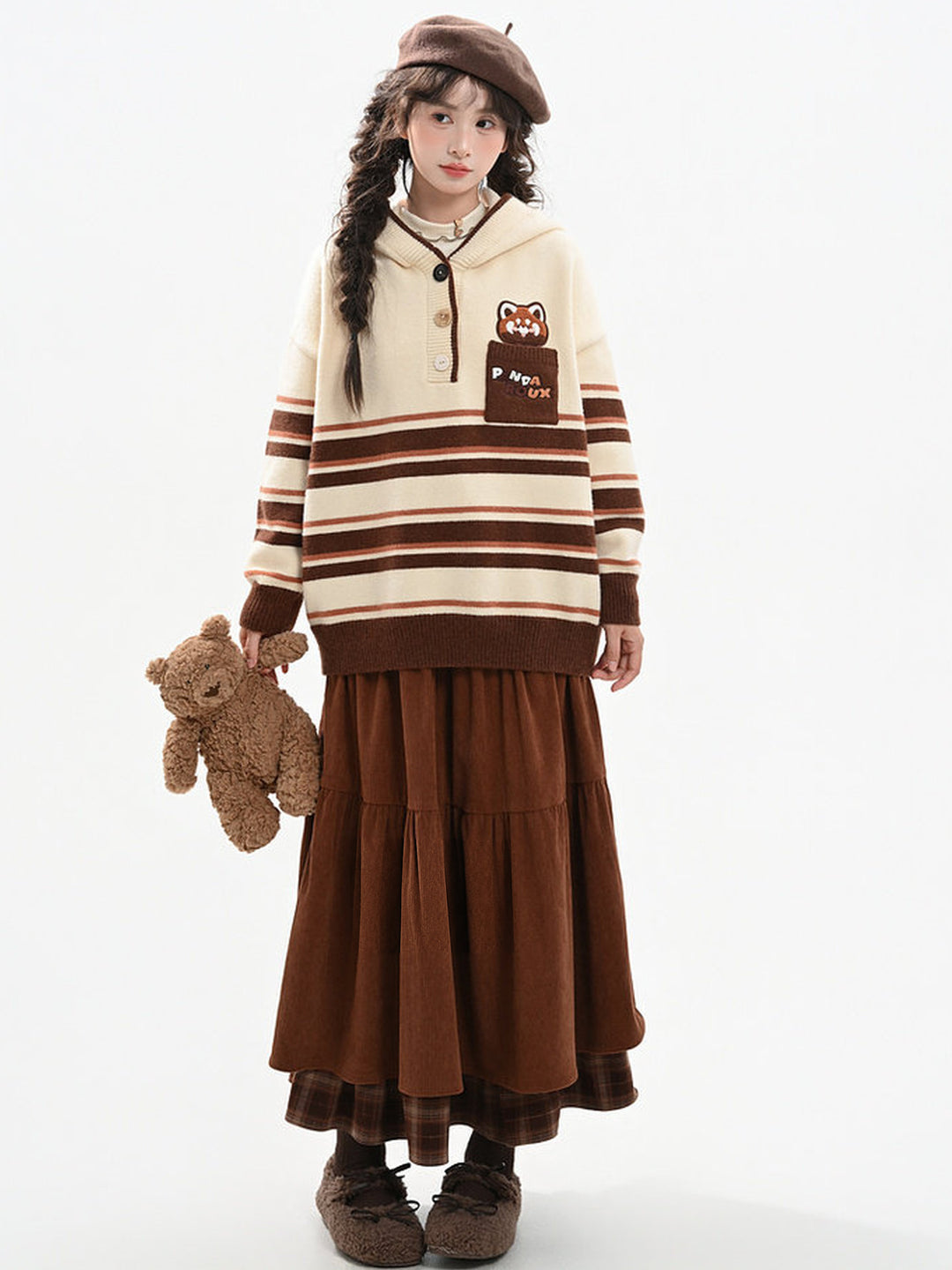 Corduroy Plaid-Hem Maxi Skirt