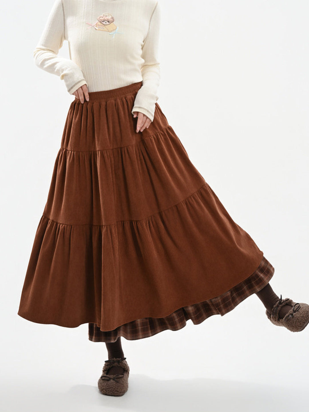 Corduroy Plaid-Hem Maxi Skirt