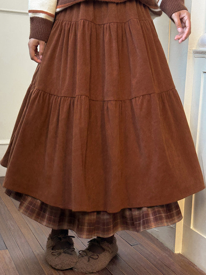 Corduroy Plaid-Hem Maxi Skirt