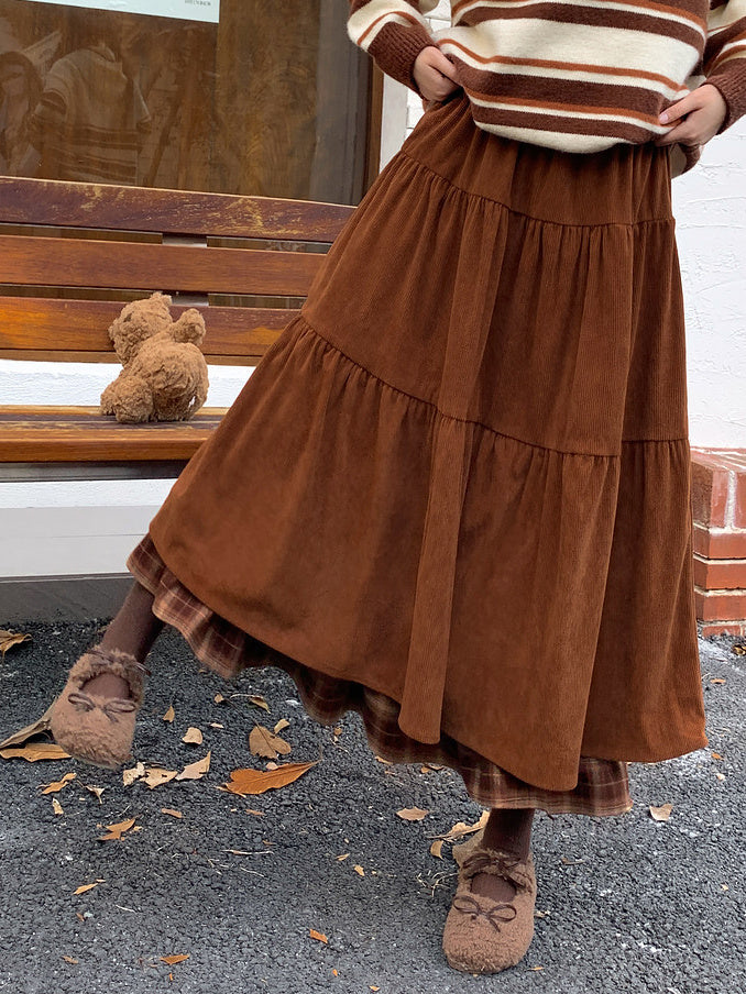 Corduroy Plaid-Hem Maxi Skirt
