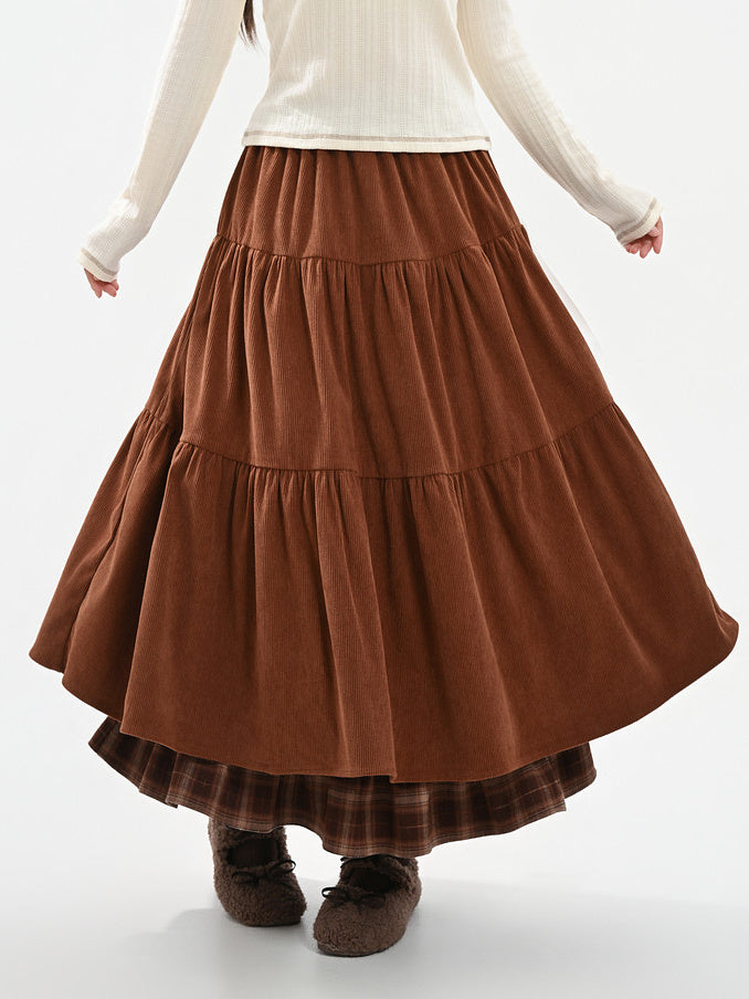 Corduroy Plaid-Hem Maxi Skirt