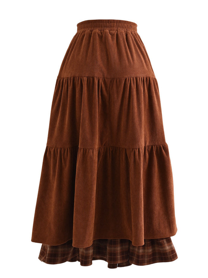 Corduroy Plaid-Hem Maxi Skirt